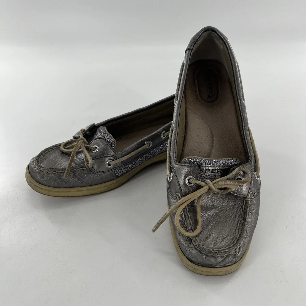 Sperry Angelfish Top-Sider Women 9 Silver Leather Shimmer Boat Shoe Preppy Deck‎